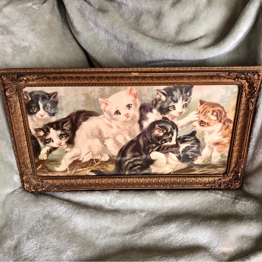 Vintage Antique Framed Victorian Print Yard of Kittens Cats Lithograph 8”x 16”